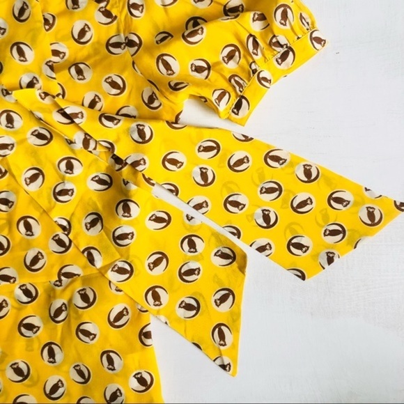 [anthro] Girls from Savoy Owl Moon Silk Print Tie Front Peplum Puff Sleeve Top - Picture 6 of 11